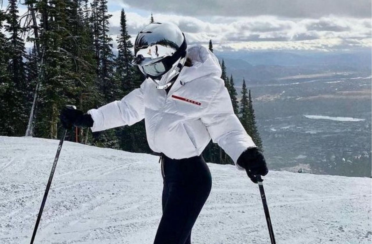 petite women wearing cropped prada designer ski jacket